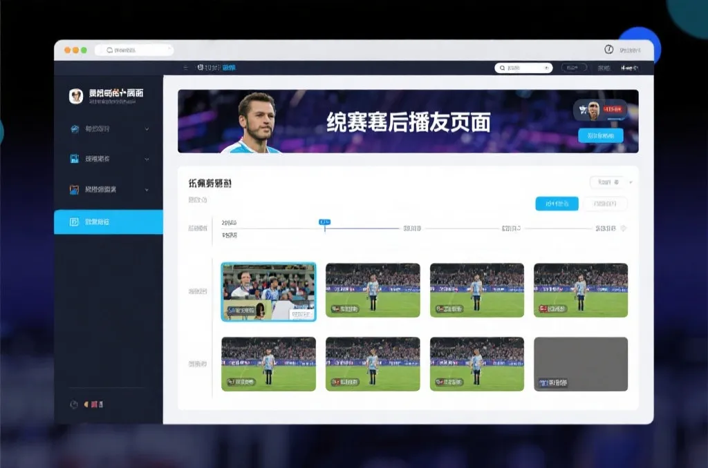 比赛结束后，电视屏幕展示集锦回放页面，旁边有时间轴和多角度切换提示
